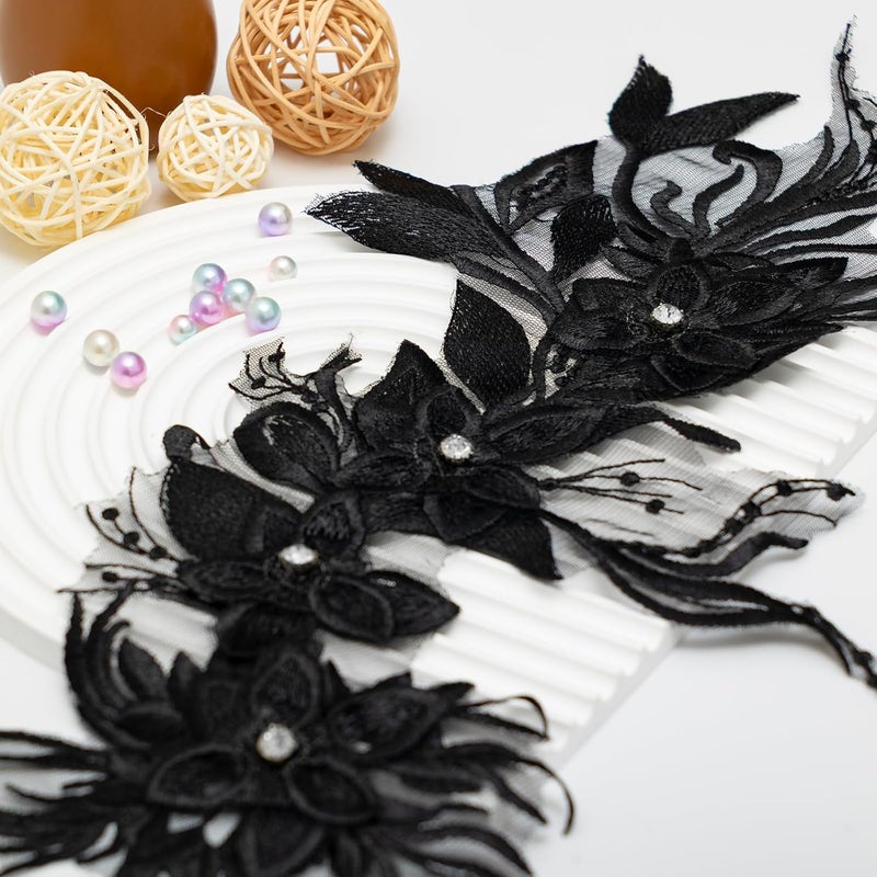 Silvora Phoenix Peacock Feather Tail Fabric Beaded Lace Applique,3D Embroidered Flower Fabric Patch for Bridal Dress, Handmade Sewing Tool for Wedding DIY Crafts(Black) - Image 3